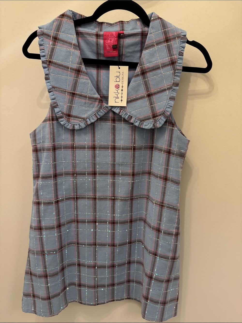 QUEEN OF SPARKLES Blue Plaid Ruffle Collar Tank Top